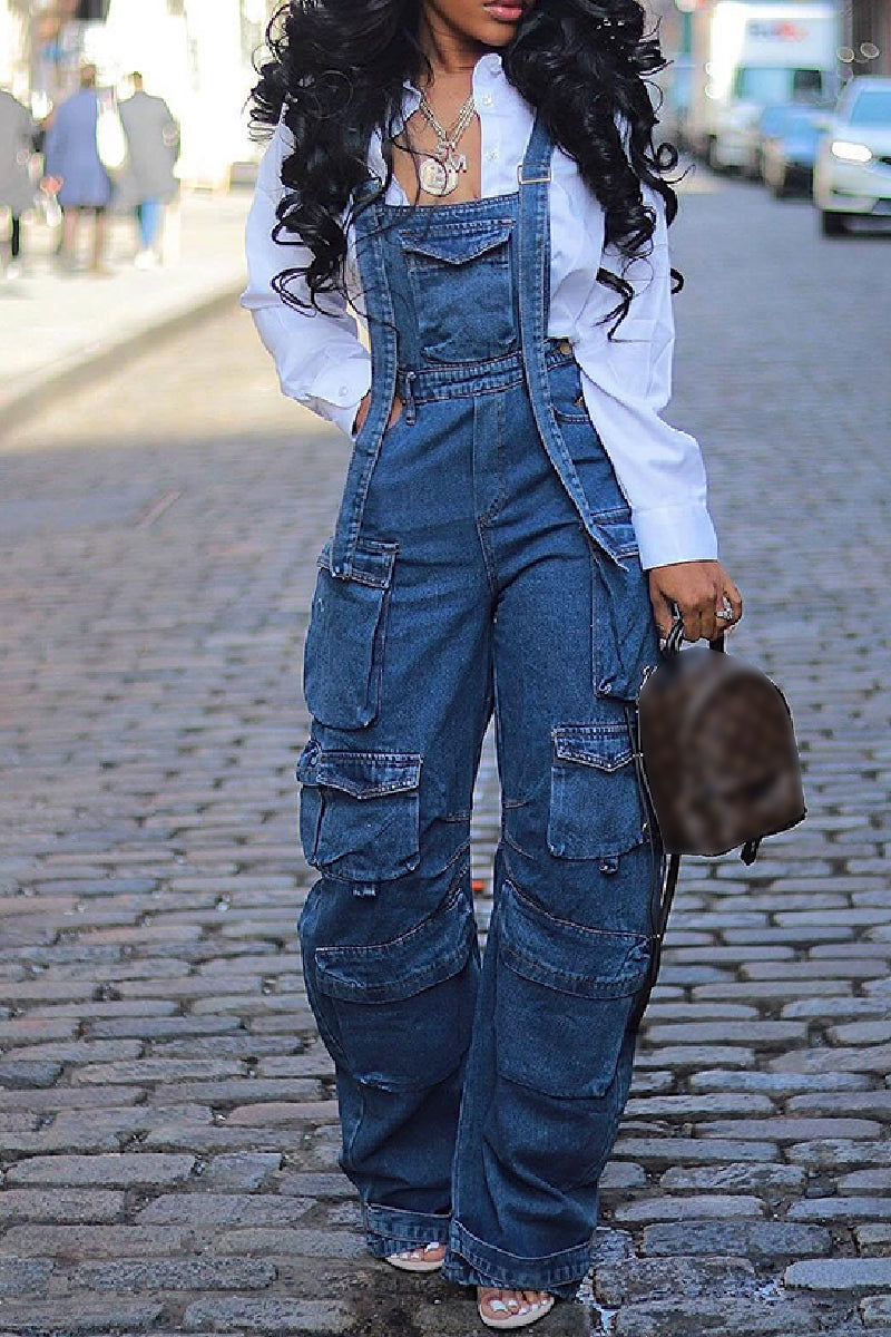 Casual Solid Patchwork Pocket Backless Spaghetti Strap Sleeveless Regular Denim Jumpsuits