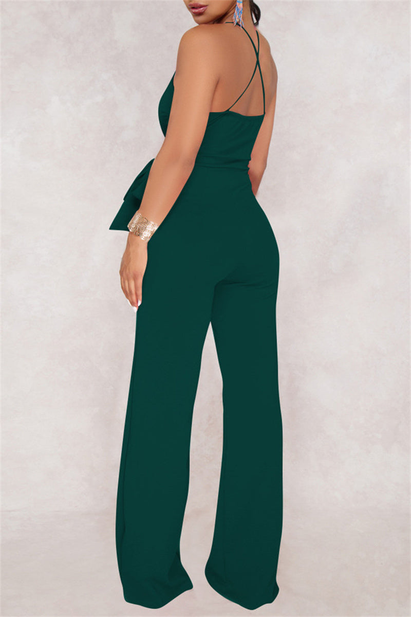 Sexy Casual Solid Backless V Neck Regular Jumpsuits