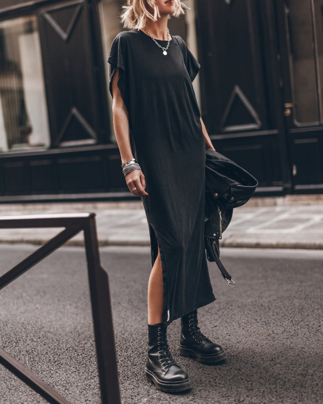 Simple and Effortless Open Sleeve Slit Oversized T-shirt Midi Dress