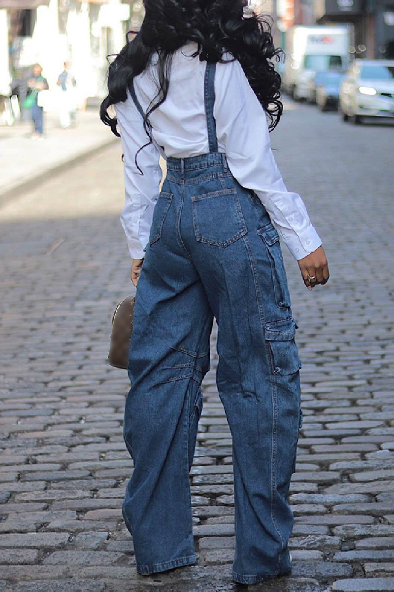 Casual Solid Patchwork Pocket Backless Spaghetti Strap Sleeveless Regular Denim Jumpsuits