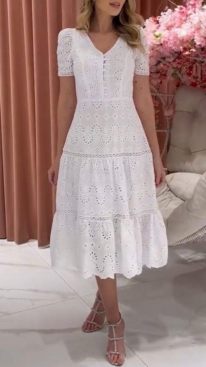 Women's V-neck Elegant Hollow Stitching Dress