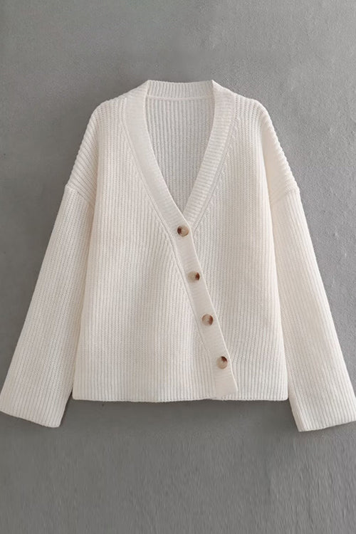 V Neck Button Up Solid Loose Sweater
