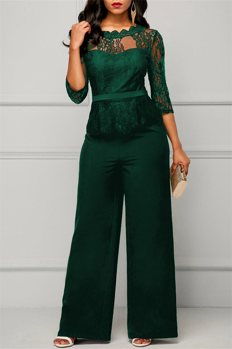 Fashion Casual Patchwork Solid See-through O Neck Regular Jumpsuits(4 Colors)