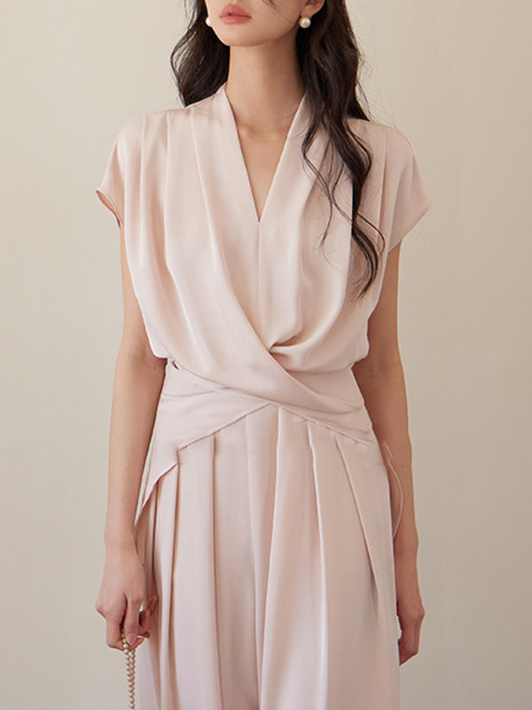 Loose Raglan Sleeve Knot Pleated Solid Color Split-Joint V-Neck Blouses&Shirts Tops
