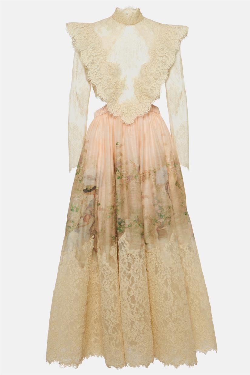 Floral Lace Long Sleeve Top ?High Waist Midi Skirt Set