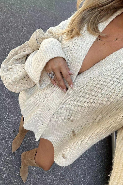 V Neck Button Up Solid Loose Sweater