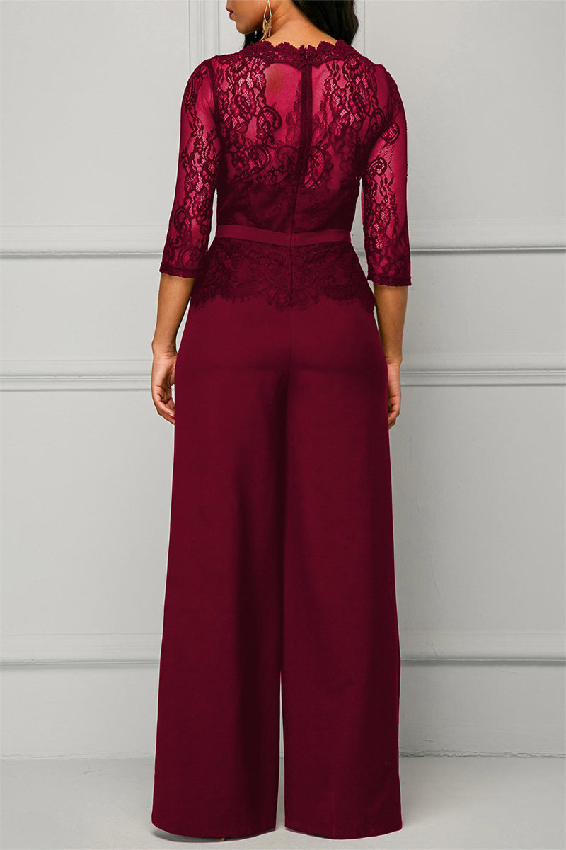 Fashion Casual Patchwork Solid See-through O Neck Regular Jumpsuits(4 Colors)