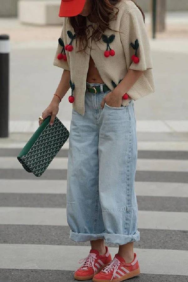 Short Sleeves Button Up Cherry Decorative Knit Sweater