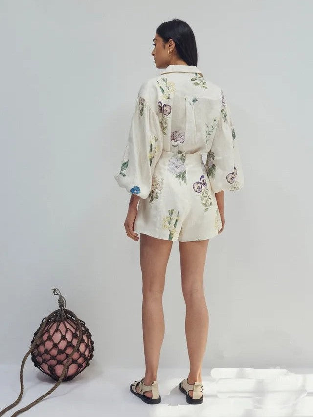 Floral Print Linen Shirt & Shorts Coord Set