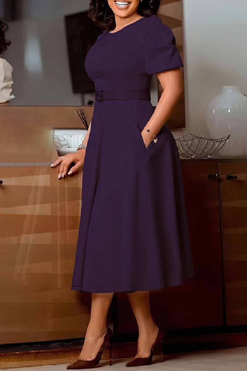 Casual Solid With Belt O Neck A Line Dresses