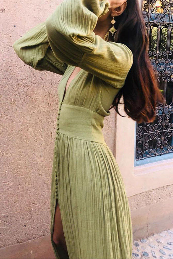 Pink Plunging Button Long Sleeve Maxi Dress