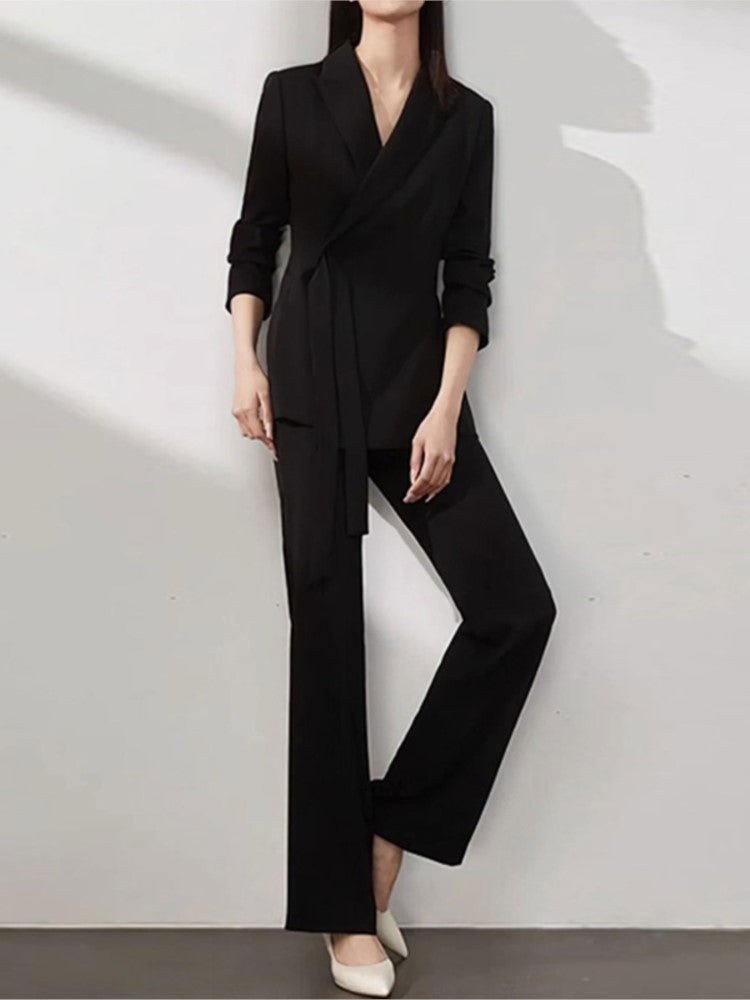 New Office Lady Solid Women Suits 2 Pieces Chic Long Sleeve Blazer High Waist Straight Pants Vintage Sets Female Fashion Clothes