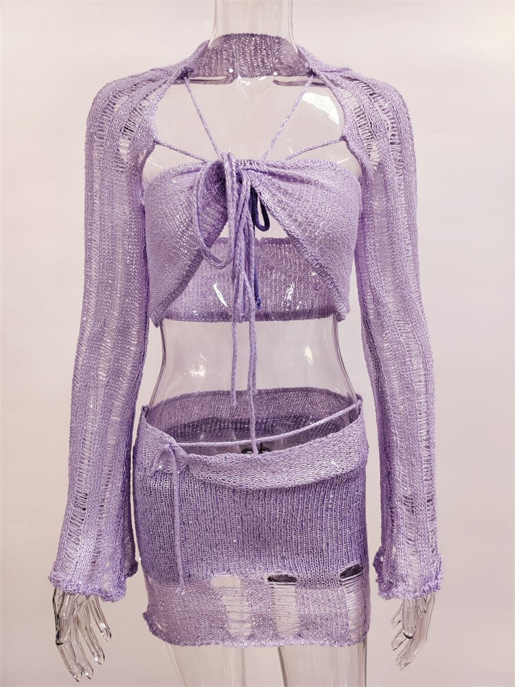 Mesh Sequins Lace up Tube Top & Mini Skirt Coord Set