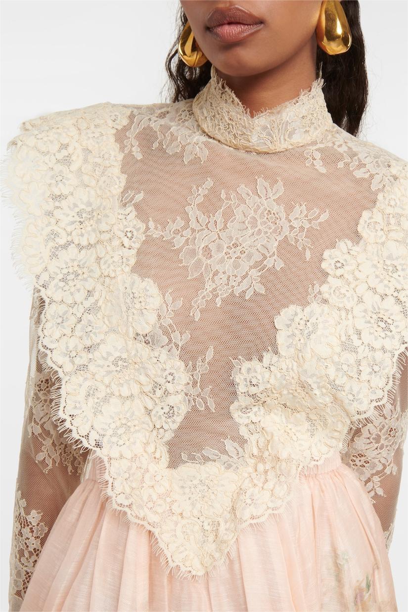 Floral Lace Long Sleeve Top ?High Waist Midi Skirt Set