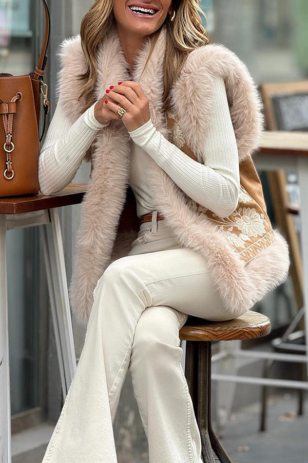 Plush embroidered cardigan vest