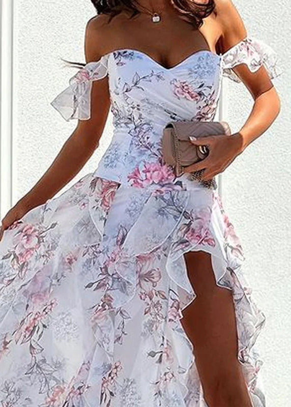 Novelty White Ruffled Print Side Open Cotton Ankle Dress Summer