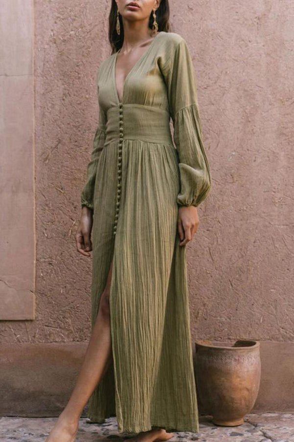 Pink Plunging Button Long Sleeve Maxi Dress