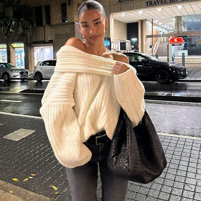 TARUXY Off Shoulders Knitted Sweater Women's Loose Solid Fashion Long Sleeve Pullover High Street Knitwear Sweaters Femme Spring