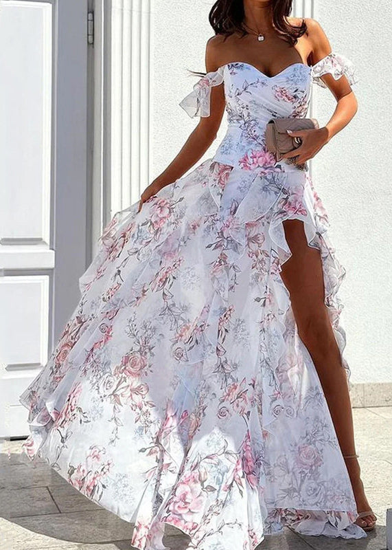 Novelty White Ruffled Print Side Open Cotton Ankle Dress Summer