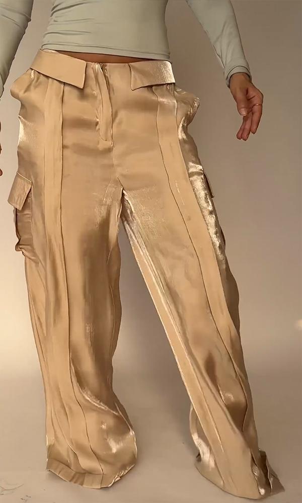 Women's Flip-waisted Satin Pants with Multiple Pockets