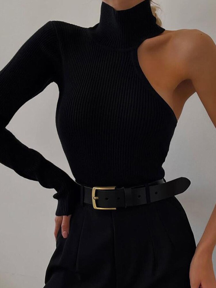 Tossy Black Turtleneck Bodysuit Women Sexy One Shoulder Long Sleeve Body Top Female Bodycon Overalls Elegant Backless Jumpsuits