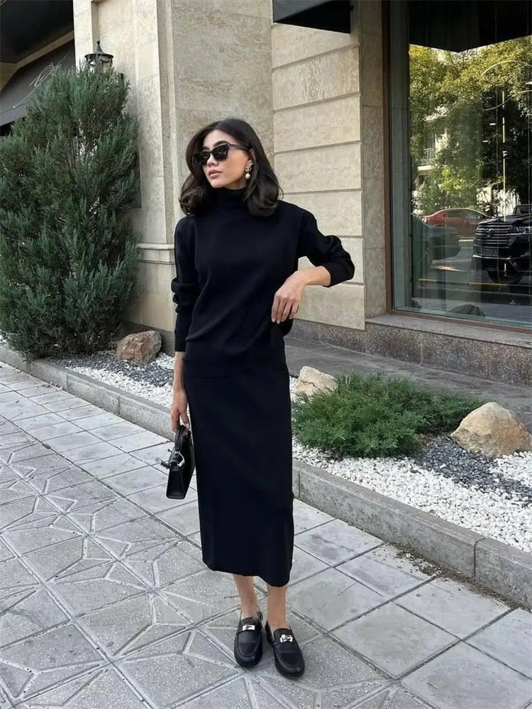 TARUXY Ribbed Knit 2 Piece Dress Set Outfits Ladies Knitwear Top And Midi Skirt Sets For Women Casual Winter Sweater Sets 2023