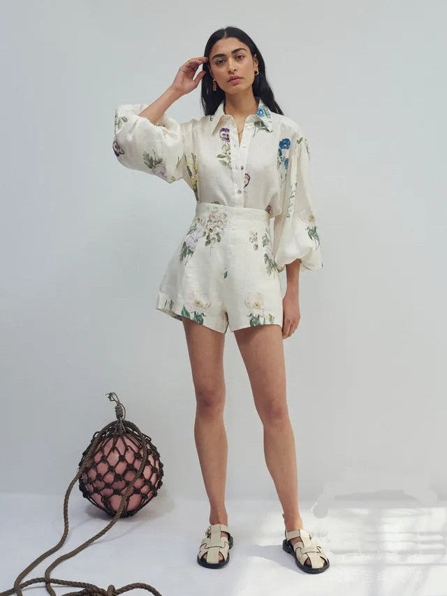 Floral Print Linen Shirt & Shorts Coord Set
