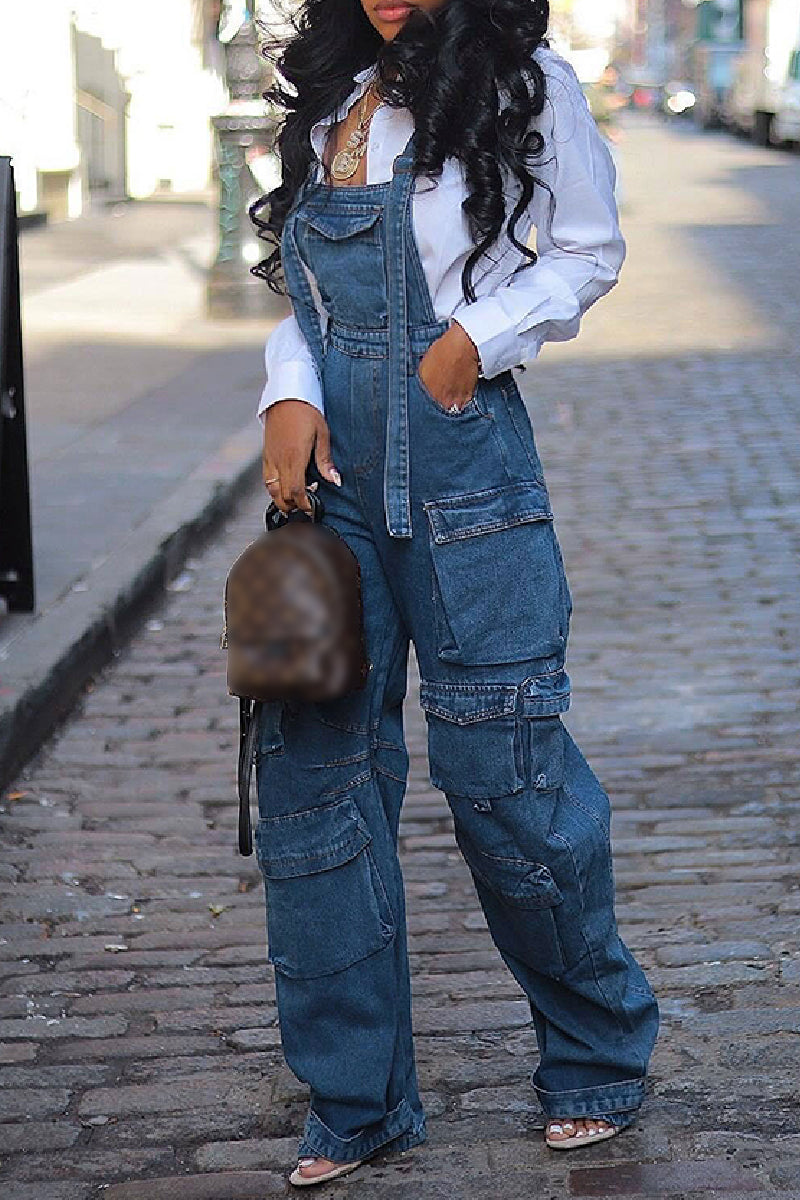 Casual Solid Patchwork Pocket Backless Spaghetti Strap Sleeveless Regular Denim Jumpsuits