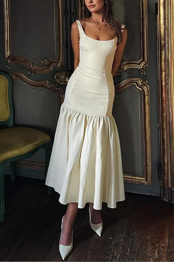 Graceful Silhouette Square Neck Wide Strap Drop Waist Midi Dress