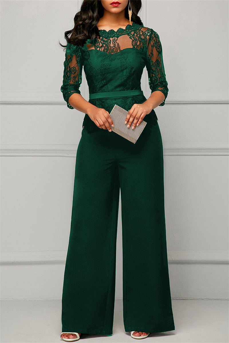 Fashion Casual Patchwork Solid See-through O Neck Regular Jumpsuits(4 Colors)