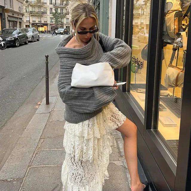 TARUXY Off Shoulders Knitted Sweater Women's Loose Solid Fashion Long Sleeve Pullover High Street Knitwear Sweaters Femme Spring