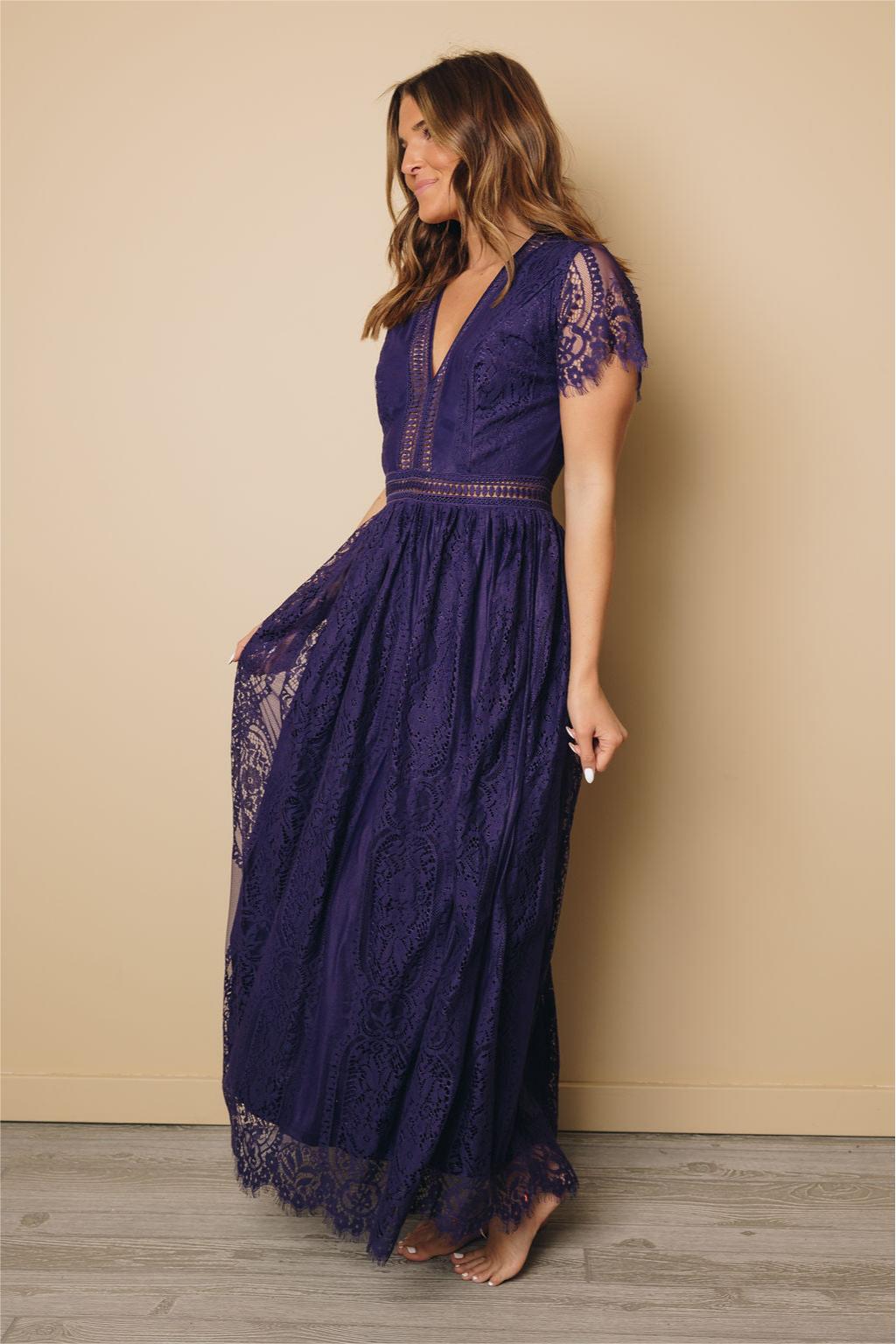 Lace Flutter Sleeve V-Neck Maxi Dress