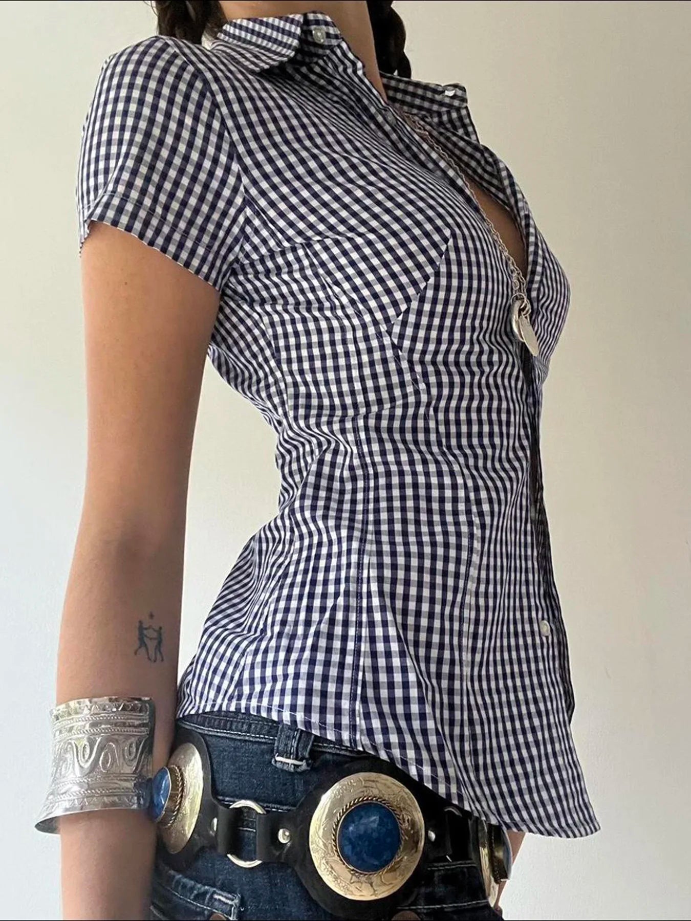 Plaid Slim Buttoned Up Blouse