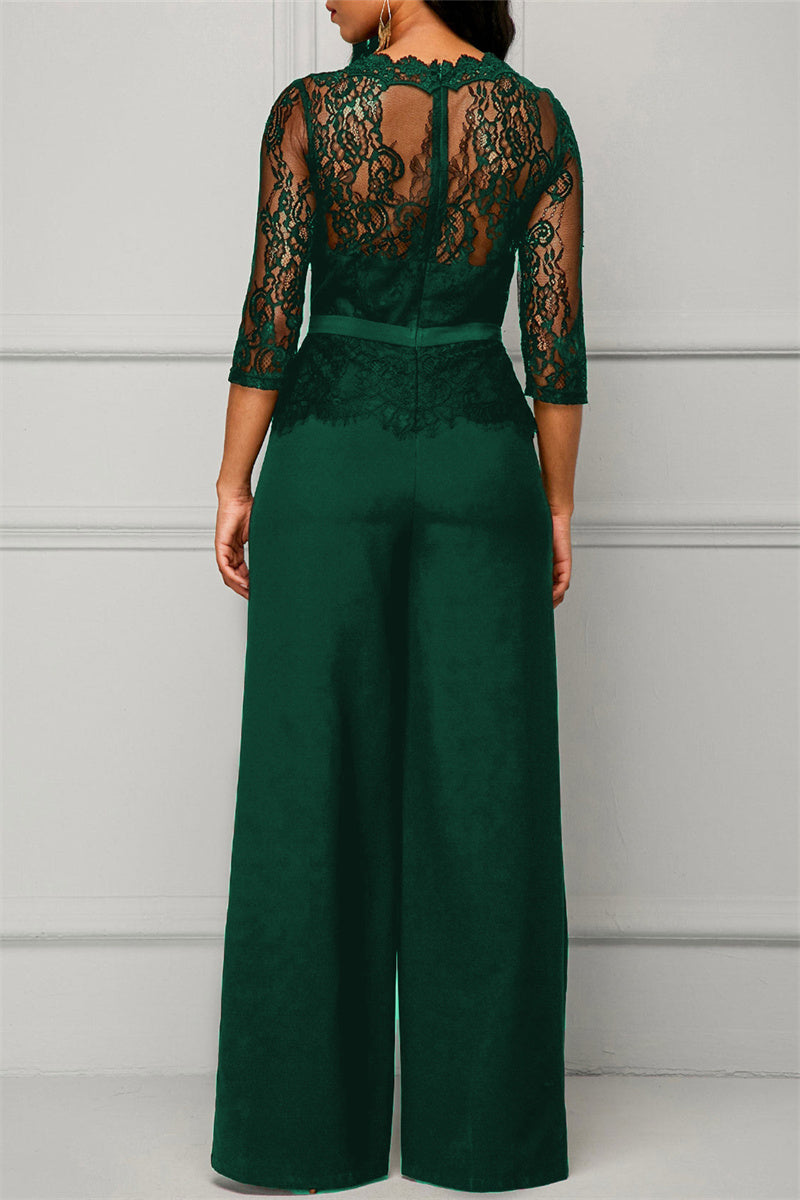 Fashion Casual Patchwork Solid See-through O Neck Regular Jumpsuits(4 Colors)