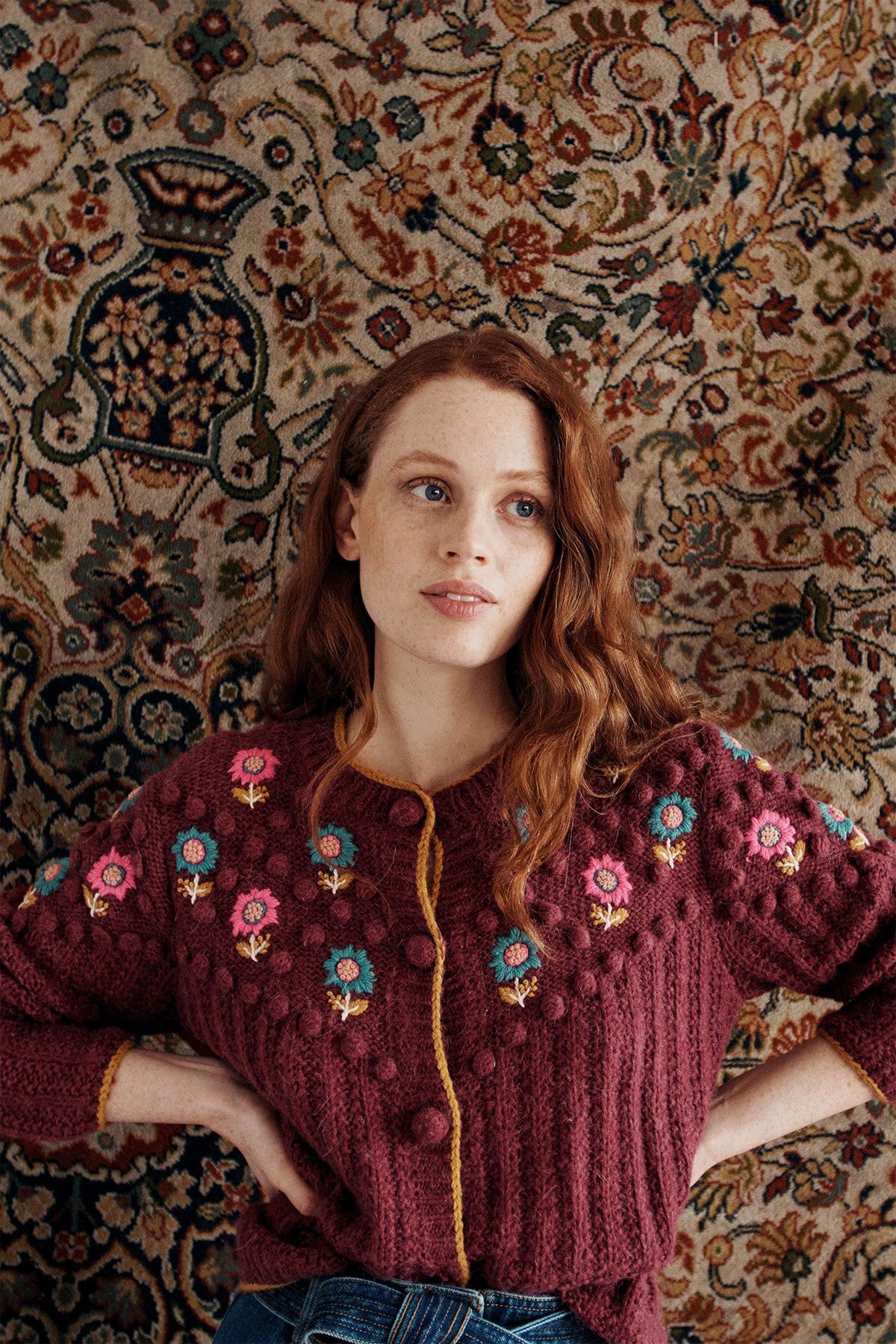 Floral Long Sleeve Crew Collar Knit Cardigan