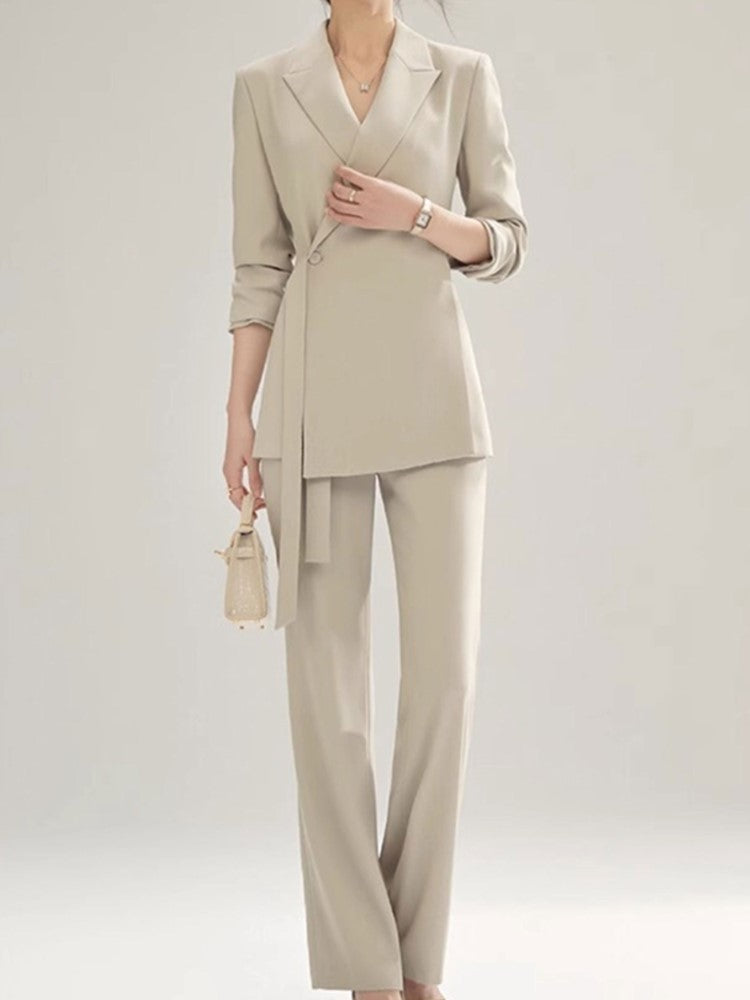 New Office Lady Solid Women Suits 2 Pieces Chic Long Sleeve Blazer High Waist Straight Pants Vintage Sets Female Fashion Clothes