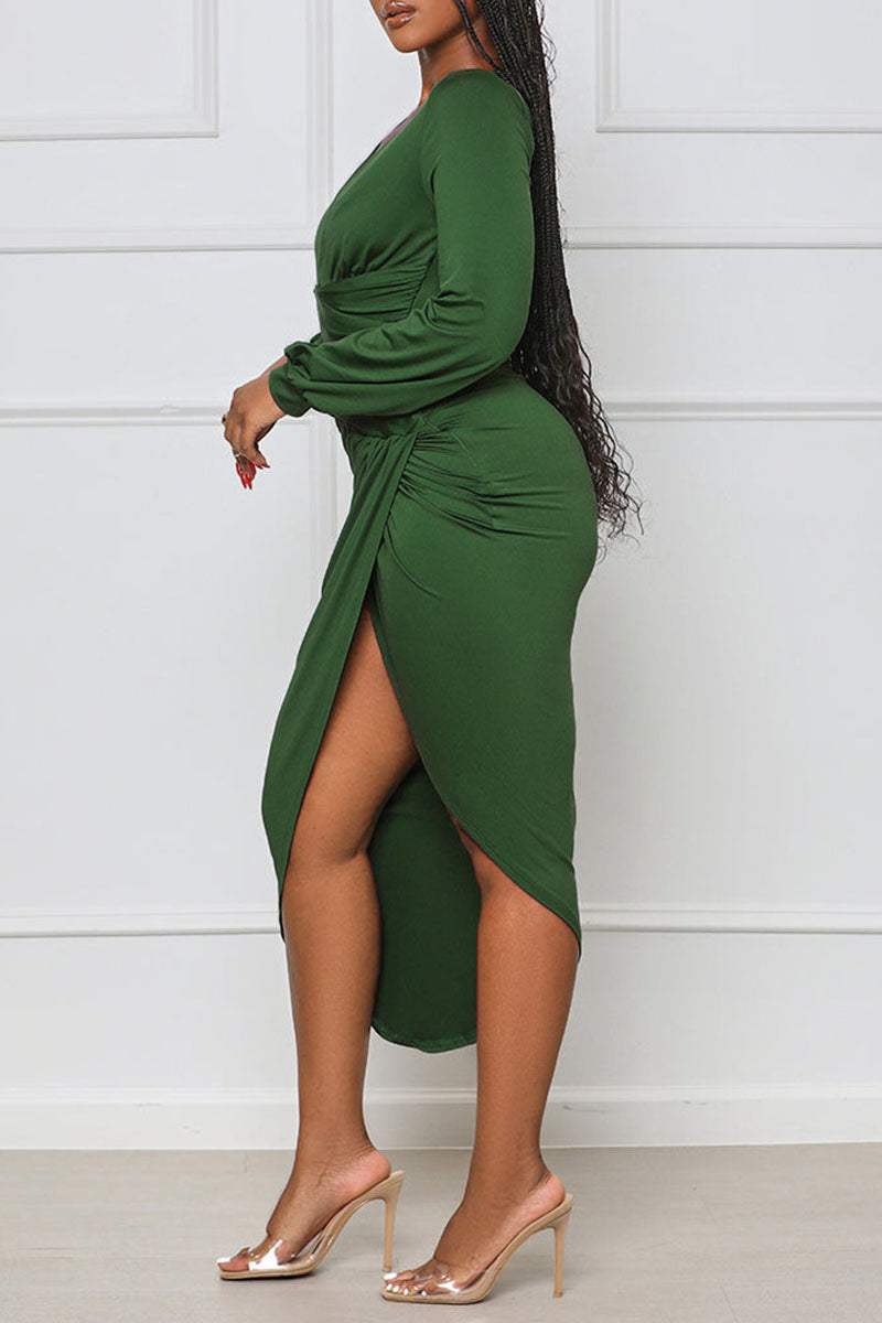 Sexy Solid Patchwork Fold Asymmetrical V Neck Long Sleeve Dresses(4 Colors)