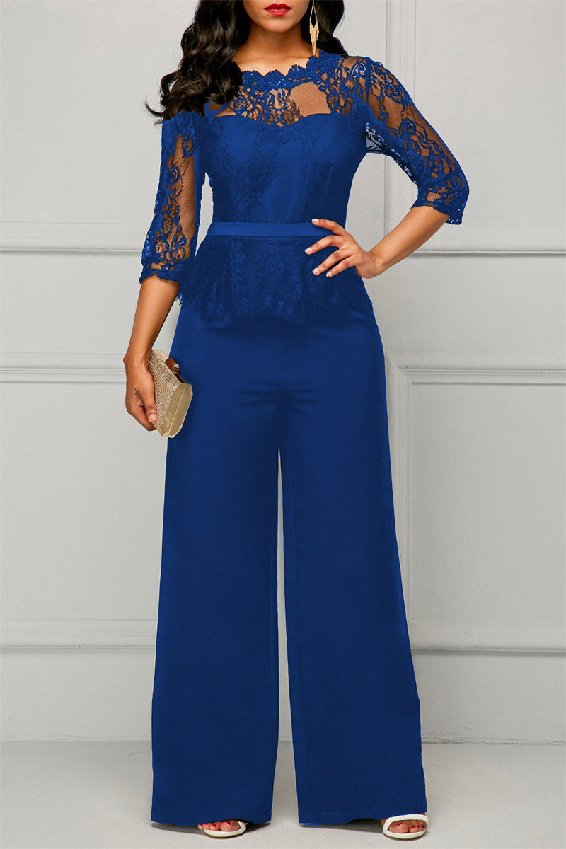 Fashion Casual Patchwork Solid See-through O Neck Regular Jumpsuits(4 Colors)