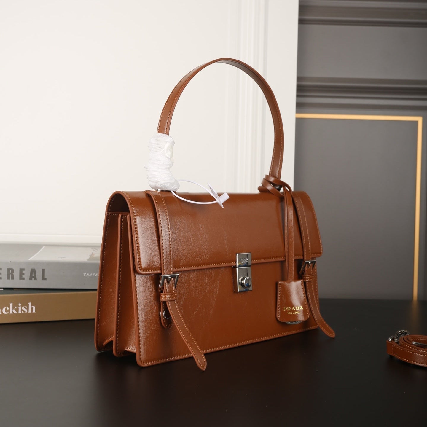 WORK BRIEFCASE 33 IN BROWN SHINY SMOOTH CALFSKIN
